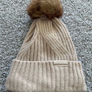 Calvin Klein Women’s Beige Knit Hat with Brown Pom